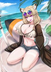 Rule 34 | 1girl, absurdres, animal ear fluff, animal ears, arknights, beach, bikini, blue sky, breasts, cleavage, cloud, commission, day, eyewear on head, grey bikini, head tilt, highres, japanese clothes, jewelry, kanta (kanta 077), kimono, large breasts, magenta eyes, mountainous horizon, navel, necklace, ocean, official alternate costume, open clothes, open kimono, outdoors, palms, short shorts, shorts, sky, solo, stomach, striped bikini, striped clothes, sunglasses, swimsuit, swimsuit cover-up, sword, tail, thighs, utage (arknights), utage (summer flowers) (arknights), vertical-striped bikini, vertical-striped clothes, weapon