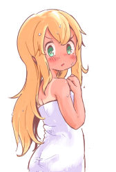 Rule 34 | 1girl, ass, blonde hair, blush, done (donezumi), green eyes, long hair, looking at viewer, looking back, mega man (series), naked towel, open mouth, roll (mega man), simple background, solo, tan, tanline, towel, very long hair, wet, white background