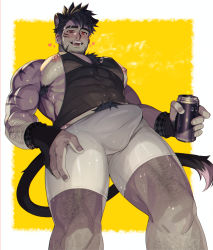 Rule 34 | 1boy, 2022, animal ears, arkapami, armpit hair, bad id, bad pixiv id, bara, bare pectorals, black gloves, black hair, black tank top, boxer briefs, bulge, can, chest hair, chinese zodiac, drink can, earrings, erection, erection under clothes, eyebrow cut, facial hair, gloves, happy new year, heart, highres, holding, holding can, jewelry, large pectorals, leg hair, looking at viewer, male focus, male pubic hair, male underwear, muscular, muscular male, new year, nipple piercing, nipples, open mouth, original, partially fingerless gloves, pectorals, piercing, pubic hair, red eyes, short hair, sideburns, sidepec, smile, soda can, solo, tank top, thick thighs, thighs, tiger boy, tiger ears, underwear, white male underwear, year of the tiger