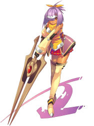 Rule 34 | 1girl, boots, brown eyes, detached sleeves, full body, gloves, hair over one eye, hirano katsuyuki, nora (spectral souls), official art, polearm, ponytail, purple hair, short hair, skirt, solo, spear, spectral (series), spectral souls, thigh boots, thighhighs, weapon, white background, white thighhighs