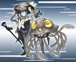 Rule 34 | 10s, abyssal ship, alternate color, alternate shiny pokemon, artist name, bodysuit, cane, cape, collar, colored skin, creatures (company), crossover, ergot, game freak, gen 1 pokemon, gloves, green eyes, holding, holding poke ball, kantai collection, looking at viewer, nintendo, poke ball, pokemon, pokemon (creature), shiny pokemon, short hair with long locks, tentacles, tentacruel, white hair, white skin, wo-class aircraft carrier