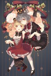 Rule 34 | 2girls, :d, bad id, bad pixiv id, bare shoulders, bell, black bow, black bowtie, black dress, black footwear, black hat, blonde hair, blue background, bow, bowtie, brooch, cats brain, daisy, detached sleeves, dress, drill hair, fangs, flandre scarlet, flower, food, fruit, grey hair, halloween, hat, holding hands, jewelry, juliet sleeves, long sleeves, looking at viewer, mary janes, mini hat, mini top hat, multiple girls, open mouth, pink flower, pink rose, puffy short sleeves, puffy sleeves, pumpkin hat, red bow, red bowtie, red dress, red eyes, red flower, red footwear, red rose, remilia scarlet, ribbon, rose, shoes, short hair, short sleeves, side ponytail, smile, star (symbol), striped background, striped bow, striped clothes, striped legwear, striped ribbon, striped thighhighs, thighhighs, top hat, touhou, underbust, white flower, white legwear, wings