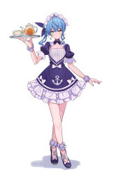 Rule 34 | 1girl, absurdres, alternate eye color, anchor symbol, blue bow, blue bowtie, blue dress, blue footwear, bow, bowtie, cosplay, crossed legs, cup, deenamaito, dress, expressionless, flat chest, frilled dress, frills, full body, green eyes, hair between eyes, hair ribbon, hand up, highres, holding, hololive, hoshimachi suisei, legs, long hair, looking at viewer, maid, maid headdress, minato aqua, minato aqua (1st costume), minato aqua (cosplay), puffy short sleeves, puffy sleeves, ribbon, short sleeves, side ponytail, solo, standing, teacup, teapot, thighs, tiptoes, two-tone dress, virtual youtuber, white dress