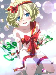 Rule 34 | 1girl, blonde hair, blue eyes, blush, breasts, bubble, bubble background, christmas, collarbone, elfnein, groin, highres, looking at viewer, merry christmas, mole, mole under eye, naked ribbon, open mouth, ribbon, senki zesshou symphogear, shiny skin, short hair, simple background, small breasts, smile, solo, tanashi (mk2)