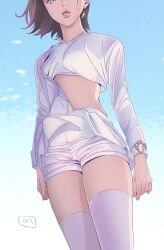 Rule 34 | 1girl, avataro sentai donbrothers, blue eyes, earrings, highres, jewelry, lipstick, looking at viewer, makeup, nori (norimakigumo), open mouth, short hair, shorts, simple background, solo, sononi (donbrothers), super sentai, thighhighs, white shorts, white thighhighs
