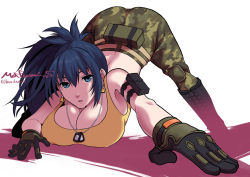 Rule 34 | 1girl, blue eyes, blue hair, breast press, breasts, cleavage, covered erect nipples, gloves, jack-o&#039; challenge, large breasts, leona heidern, pants, sakura mafumi, side ponytail, snk, tank top, the king of fighters, top-down bottom-up