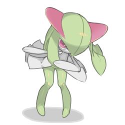 Rule 34 | 1girl, arm up, bowing, colored skin, creatures (company), female focus, flat chest, full body, game freak, gen 3 pokemon, green hair, green skin, hair over one eye, hand up, kirlia, looking at viewer, lowres, medium hair, multicolored skin, nintendo, one eye covered, outstretched arm, oyama yoihaya, pokemon, pokemon (creature), red eyes, shiny skin, sidelocks, simple background, solo, standing, two-tone skin, white background, white skin