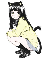Rule 34 | 1girl, animal ears, black footwear, black hair, black legwear, blue skirt, blush, caidychen, cat ears, cat girl, cat tail, colorized, female focus, highres, long hair, long sleeves, looking at viewer, miniskirt, original, school uniform, shirt, shoes, simple background, sitting, skirt, smile, solo, squatting, sweater, tail, third-party edit, white background, white shirt, yellow eyes