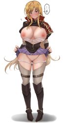 Rule 34 | 1girl, blonde hair, bra, breasts, breasts out, censored, clarisse (fire emblem), clothes lift, fire emblem, fire emblem: new mystery of the emblem, highres, large breasts, long hair, looking at viewer, nintendo, nipples, panties, purple eyes, purple skirt, simple background, skirt, skirt lift, solo, toshimasa, underwear, white background, white bra, white panties