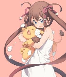 Rule 34 | 10s, 1girl, asagumo (kancolle), blue eyes, brown hair, carrying, hair ribbon, ka-no, kantai collection, lion, long hair, naked towel, open mouth, ribbon, solo, towel, twintails