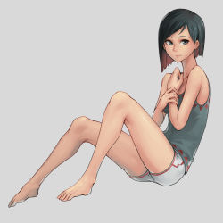 Rule 34 | 1girl, armpit peek, asymmetrical hair, bare arms, bare legs, bare shoulders, barefoot, black eyes, black hair, breasts, closed mouth, from side, full body, looking at viewer, looking to the side, oopartz yang, original, short hair, short shorts, shorts, small breasts, solo, tank top, thighs