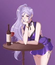 Rule 34 | 1girl, alcohol, artist name, bent over, black flower, black rose, blush, bottle, bracelet, breasts, choker, cleavage, commission, commissioner upload, cosplay, cup, dress, drinking glass, drunk, earrings, final fantasy, final fantasy vii, final fantasy vii remake, fire emblem, fire emblem: genealogy of the holy war, fire emblem heroes, flower, hair ornament, hand on own face, highres, ishtar (fire emblem), jewelry, leaning forward, long hair, looking at viewer, love bunchy, nintendo, ponytail, purple background, purple dress, purple eyes, purple hair, ribbon, rose, simple background, solo, table, tifa lockhart, tifa lockhart (refined dress), tifa lockhart (cosplay), watermark, wine bottle, wine glass