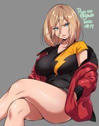 Rule 34 | 1girl, 2020, agawa ryou, blonde hair, blue eyes, breasts, crossed legs, dated, grey background, hand in pocket, jacket, large breasts, lips, looking at viewer, original, red jacket, short hair, short shorts, shorts, signature, simple background, solo, thick thighs, thighs