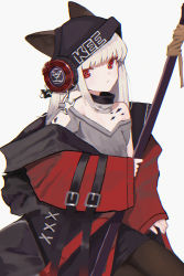Rule 34 | 1girl, absurdres, animal ears, arknights, bare shoulders, black headwear, buckle, closed mouth, ears through headwear, frostleaf (arknights), grey background, headphones, highres, holding, implied extra ears, jacket, material growth, nitrio, open clothes, open jacket, oripathy lesion (arknights), red eyes, red jacket, simple background, sitting, sleeves past wrists, solo, white hair