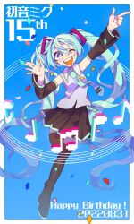 Rule 34 | 1girl, absurdly long hair, aqua eyes, aqua hair, aqua necktie, arm up, beamed eighth notes, black footwear, black skirt, boots, breasts, collared shirt, detached sleeves, full body, hand up, happy birthday, hatsune miku, highres, index finger raised, long hair, musical note, necktie, one eye closed, open mouth, outstretched arm, pixelated, shirt, skirt, sleeveless, sleeveless shirt, small breasts, smile, solo, staff (music), thigh boots, tomatomari, twintails, very long hair, vocaloid, waving
