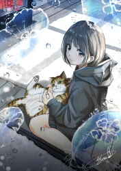 Rule 34 | 1girl, aquarium, bare legs, barefoot, black hair, black hoodie, blush, brown eyes, cat, closed mouth, commentary request, day, highres, hood, hoodie, jellyfish, long sleeves, looking at viewer, looking back, original, partial commentary, puffy sleeves, signature, sitting, smile, solo, soragane (banisinngurei), sunlight, wariza
