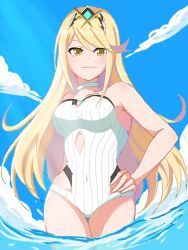 Rule 34 | 1girl, bare arms, blonde hair, breasts, chobi0521, choker, covered navel, cowboy shot, day, from below, hand on own hip, medium breasts, mythra (radiant beach) (xenoblade), mythra (xenoblade), nintendo, one-piece swimsuit, outdoors, sky, solo, strapless, strapless one-piece swimsuit, swimsuit, tiara, white choker, white one-piece swimsuit, xenoblade chronicles (series), xenoblade chronicles 2, yellow eyes