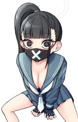 Rule 34 | 1girl, 28 (282teeth), bare legs, black hair, black mask, blue archive, blunt bangs, breasts, cleavage, collarbone, downblouse, feet out of frame, fingerless gloves, gloves, grey serafuku, halo, high ponytail, highres, invisible chair, large breasts, long sleeves, looking at viewer, mask, miniskirt, mouth mask, neckerchief, pleated skirt, school uniform, serafuku, side ponytail, simple background, sitting, skirt, solo, sukeban (smg) (blue archive), white background, white neckerchief, x