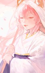 Rule 34 | 1girl, closed eyes, closed mouth, commentary, english commentary, fate (series), hair between eyes, highres, holding, holding umbrella, japanese clothes, k (sktchblg), kimono, pink hair, solo, tamamo (fate), tamamo no mae (fate/extra), umbrella, white kimono