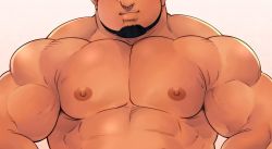 Rule 34 | 1boy, abs, bara, black hair, close-up, facial hair, goatee, hands on own hips, head out of frame, large pectorals, male focus, manly, muscular, nipples, original, pectorals, short hair, sideburns, solo, terujirou (masateruteru), torso, white background