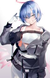 Rule 34 | 1girl, absurdres, arknights, blue hair, commentary request, cowboy shot, gloves, grey eyes, grey jacket, halo, hand up, highres, jacket, long sleeves, pants, short hair, sion (im10042m), solo, sports bra, spuria (arknights), standing, white background, white gloves, white pants