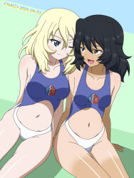 Rule 34 | 2girls, andou (girls und panzer), bc freedom military uniform, black hair, blonde hair, blue eyes, blush, breasts, brown eyes, closed mouth, commentary request, dated, girls und panzer, highres, long hair, looking at another, medium breasts, multiple girls, naotosi, navel, one eye closed, open mouth, oshida (girls und panzer), signature, smile, swimsuit, tan, tanline, yuri