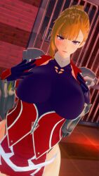 Rule 34 | 1girl, 3d, artist request, blush, bound, breasts, breasts out, curvy, highres, huge breasts, kamimura maika, kamimura maika (future), long hair, looking at viewer, no bra, orange hair, pants, purple eyes, restrained, scar, shiny skin, smile, taimanin (series), taimanin rpgx, thong, wide hips
