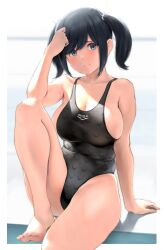 Rule 34 | 1girl, absurdres, alternate costume, barefoot, black hair, black one-piece swimsuit, blue eyes, blue hair, border, breasts, closed mouth, competition swimsuit, dark blue hair, embarrassed, feet, foot out of frame, hair ribbon, hand up, highleg, highleg swimsuit, highres, kantai collection, knee up, large breasts, legs, light blush, light rays, looking at viewer, medium hair, one-piece swimsuit, outside border, ribbon, sideboob, sidelighting, sitting, solo, souryuu (kancolle), swimsuit, thighs, toenails, toes, twintails, wa (genryusui), white border, white ribbon
