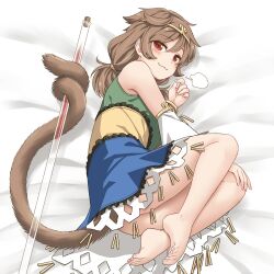 Rule 34 | 1girl, ass, barefoot, bed sheet, blue dress, blush, brown hair, circlet, closed mouth, detached sleeves, dress, green dress, hair between eyes, highres, long hair, low twintails, monkey tail, multicolored clothes, multicolored dress, red eyes, single detached sleeve, solo, son biten, tail, test tube, touhou, twintails, unfinished dream of all living ghost, white sleeves, yellow dress, yudepii