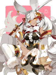 Rule 34 | 1girl, animal ears, bare shoulders, black leotard, black nails, boots, bow, bowtie, breasts, center frills, closed mouth, cyenmi3, dark-skinned female, dark skin, detached sleeves, frills, granblue fantasy, grey hair, hair ornament, highres, holding, holding sword, holding weapon, katana, large breasts, leotard, long hair, makura (granblue fantasy), nail polish, rabbit ears, smile, solo, sword, thighhighs, twitter username, weapon, white footwear, white thighhighs, yellow eyes