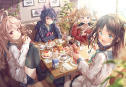 Rule 34 | 4girls, airi (blue archive), black hair, blonde hair, blue archive, blush, cake, coffee, doughnut, food, halo, hirokazu (analysis-depth), ice cream, jacket, long hair, looking at viewer, multiple girls, natsu (blue archive), no shoes, open mouth, pink hair, plate, school uniform, side ponytail, sweets, thighhighs, track jacket, twintails, yoshimi (blue archive)