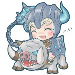 Rule 34 | 1girl, armor, boar, breasts, bristle, chibi, cleavage, closed eyes, helmet, horns, ice, league of legends, open mouth, sejuani, shenren, short hair, single horn, weapon