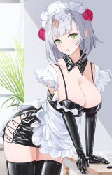 Rule 34 | 1girl, absurdres, alternate breast size, alternate costume, apron, black dress, blunt bangs, blush, braid, braided bangs, breasts, cleavage, detached collar, dress, elbow gloves, enmaided, flower, frills, genshin impact, gloves, green eyes, grey hair, hair flower, hair ornament, highres, large breasts, looking at viewer, maid, maid apron, maid headdress, noelle (genshin impact), open mouth, puffy sleeves, red flower, red rose, rose, rosumerii, short hair, short sleeves, solo, thighhighs, thighs, white apron, zettai ryouiki