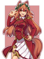 Rule 34 | 1girl, animal ear fluff, animal ears, cosplay, cowboy shot, epaulettes, fate/grand order, fate (series), fox ears, fox tail, gaius julius caesar (fate) (cosplay), gold trim, hand on own hip, high collar, highres, gaius julius caesar (fate), laurel crown, long hair, necktie, orange eyes, orange hair, outline, outside border, red background, renshirenji, simple background, solo, standing, suzuka gozen (fate), tail, white outline