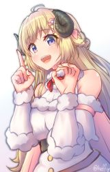 Rule 34 | 1girl, ahoge, animal ears, blonde hair, blush, bow, bowtie, breasts, cape, commentary, cowboy shot, detached sleeves, dress, fur-trimmed dress, fur trim, hair ribbon, hand gesture, highres, hololive, horns, index finger raised, keffiy, long hair, looking at viewer, medium breasts, open mouth, pink cape, pink ribbon, purple eyes, red bow, red bowtie, ribbon, sheep ears, sheep horns, simple background, smile, solo, tsunomaki watame, tsunomaki watame (1st costume), twitter username, virtual youtuber, white background, white dress