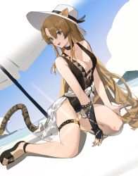 Rule 34 | 1girl, animal ears, arknights, beach, beach umbrella, black choker, black footwear, black gloves, black one-piece swimsuit, breasts, chinese commentary, choker, cleavage, clothes around waist, commentary, dutch angle, ears through headwear, fingerless gloves, gloves, green eyes, hat, highres, large breasts, long hair, looking at viewer, official alternate costume, one-piece swimsuit, open mouth, sandals, shirt, shirt around waist, single glove, sitting, solo, sun hat, swimsuit, swire (arknights), tail, thigh strap, tiger ears, tiger girl, tiger tail, umbrella, unfinished, white hat, white shirt, yeyuanqianqianqian