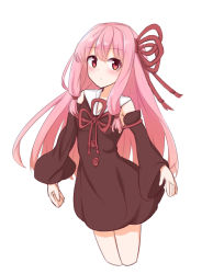 Rule 34 | 1girl, aho whale, black dress, black sleeves, blush, collar, cropped legs, detached sleeves, dress, hair ribbon, highres, japanese clothes, kotonoha akane, long hair, looking at viewer, neck ribbon, pink eyes, pink hair, red ribbon, ribbon, sailor collar, sidelocks, simple background, solo, voiceroid, white background, white collar