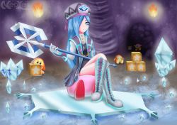 Rule 34 | 1girl, axe, blue eyes, blue hair, boots, breasts, defeat, dress, expressionless, facial mark, francisca (kirby), hair over one eye, hat, highres, ice, kirby, kirby: star allies, kirby (series), long hair, neokeiji, nintendo, personification, sitting, sitting on person, very long hair, waddle dee, waddle doo, weapon