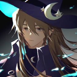 Rule 34 | 1boy, blue cape, blue hat, blue sweater, brown hair, cape, closed mouth, collared jacket, funamusea, hat, highres, jacket, limefruityummy, long hair, meikai (funamusea), oounabara to wadanohara, pointy ears, solo, sweater, upper body, very long hair