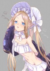 Rule 34 | 1girl, abigail williams (fate), abigail williams (swimsuit foreigner) (fate), abigail williams (swimsuit foreigner) (third ascension) (fate), bare shoulders, bikini, black jacket, blue eyes, bonnet, bow, brown hair, commentary, fate/grand order, fate (series), forehead, grey background, groin, hair bow, hand up, ittokyu, jacket, leaning forward, long hair, long sleeves, looking at viewer, navel, off shoulder, parted bangs, parted lips, simple background, sleeves past fingers, sleeves past wrists, solo, strapless, strapless bikini, striped, striped bow, swimsuit, twintails, very long hair, white bikini, white bow, white headwear