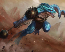 Rule 34 | barbarian, blue theme, lizard, red eyes, scales, warrior, weapon