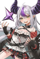 Rule 34 | 1girl, ahoge, belt, belt collar, black belt, black coat, black collar, black garter straps, black gloves, blush, braid, braided bangs, breasts, camisole, chest belt, coat, collar, cosplay, fang, fingerless gloves, garter straps, gloves, grey hair, highres, hololive, horns, la+ darknesss, large breasts, long hair, mugi 0, multicolored hair, open mouth, pleated skirt, pointy ears, purple hair, red coat, red skirt, sakamata chloe, sakamata chloe (1st costume), sakamata chloe (cosplay), sidelocks, single braid, skirt, smile, solo, streaked hair, two-sided coat, two-sided fabric, virtual youtuber, white camisole, yellow eyes