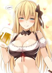 Rule 34 | 10s, 1girl, alcohol, alternate costume, anchor, anchor earrings, beer, beer mug, bismarck (kancolle), black bow, blonde hair, blue eyes, blush, bow, breasts, cleavage, cross, cup, detached sleeves, dirndl, drunk, earrings, german clothes, german text, hair bow, half-closed eyes, heart, jewelry, kantai collection, licking lips, long hair, looking at viewer, medium breasts, mug, navel, ohta yuichi, red ribbon, ribbon, smile, solo, tongue, tongue out, upper body