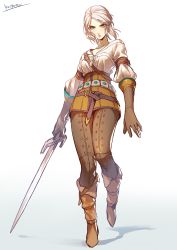 Rule 34 | 1girl, ankle boots, armor, boots, brown footwear, brown gloves, brown pants, ciri, closed mouth, full body, gloves, green eyes, hair bun, highres, holding, holding sword, holding weapon, kotatsu (g-rough), leather armor, long sleeves, looking at viewer, pants, parted bangs, shirt, signature, simple background, single hair bun, solo, sword, the witcher (series), the witcher 3, weapon, white background, white hair, white shirt