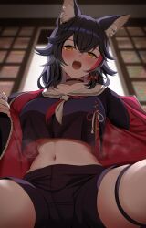 Rule 34 | 1girl, animal ears, black hair, black jacket, black shorts, blush, hair ornament, highres, hololive, jacket, long hair, looking at viewer, midriff, multicolored hair, navel, ookami mio, open mouth, red hair, sailor collar, sailor shirt, shirt, short shorts, shorts, shouji, sliding doors, solo, streaked hair, suzuushi, virtual youtuber, white hair, white sailor collar, wolf ears, wolf girl, yellow eyes