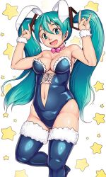 Rule 34 | 1girl, :d, \m/, animal ears, black footwear, black leotard, blush, boots, breasts, cleavage, collarbone, double \m/, fur trim, green eyes, green hair, groin, hair between eyes, hatsune miku, head tilt, high heels, highres, leg up, leotard, long hair, looking at viewer, medium breasts, open mouth, orizen, pink neckwear, rabbit ears, rabbit girl, smile, solo, star (symbol), thigh boots, thighhighs, very long hair, vocaloid, white background
