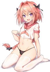 Rule 34 | 1boy, astolfo (fate), astolfo (sailor paladin) (fate), black panties, braid, fate/grand order, fate (series), hair intakes, hair ribbon, long hair, luse maonang, male focus, navel, no pants, official alternate costume, open mouth, panties, pink hair, purple eyes, ribbon, see-through, single braid, sitting, smile, solo, thighhighs, trap, underwear, white background, white thighhighs