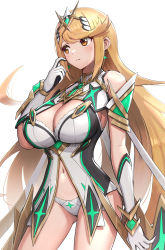 Rule 34 | 1girl, absurdres, bare shoulders, blonde hair, breasts, chest jewel, cleavage, cleavage cutout, clothing cutout, dress, earrings, gonzarez, highres, jewelry, large breasts, long hair, mythra (xenoblade), mythra (xenoblade) (prototype), prototype design, short dress, solo, swept bangs, tiara, very long hair, white dress, xenoblade chronicles (series), xenoblade chronicles 2, yellow eyes