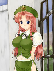 Rule 34 | 1girl, blue eyes, blush, braid, breasts, china dress, chinese clothes, dress, female focus, gate, hat, hong meiling, impossible clothes, impossible shirt, large breasts, long hair, midriff, nature, navel, nekohane ryou, outdoors, plant, red hair, ribbon, shirt, side slit, skirt, sky, solo, embodiment of scarlet devil, touhou, twin braids