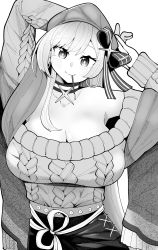 Rule 34 | 1girl, absurdres, aran sweater, arms up, azur lane, bare shoulders, belfast (azur lane), belfast (shopping with the head maid) (azur lane), beret, blush, bow, breasts, bright pupils, cable knit, choker, cleavage, earrings, food, food in mouth, greyscale, hat, hat bow, head tilt, highres, hoop earrings, huge breasts, jewelry, light smile, long hair, monochrome, mouth hold, off-shoulder sweater, off shoulder, pocky, pocky in mouth, shawl, solo, sweater, tekitou nimo hodo ga aru, upper body, very long hair